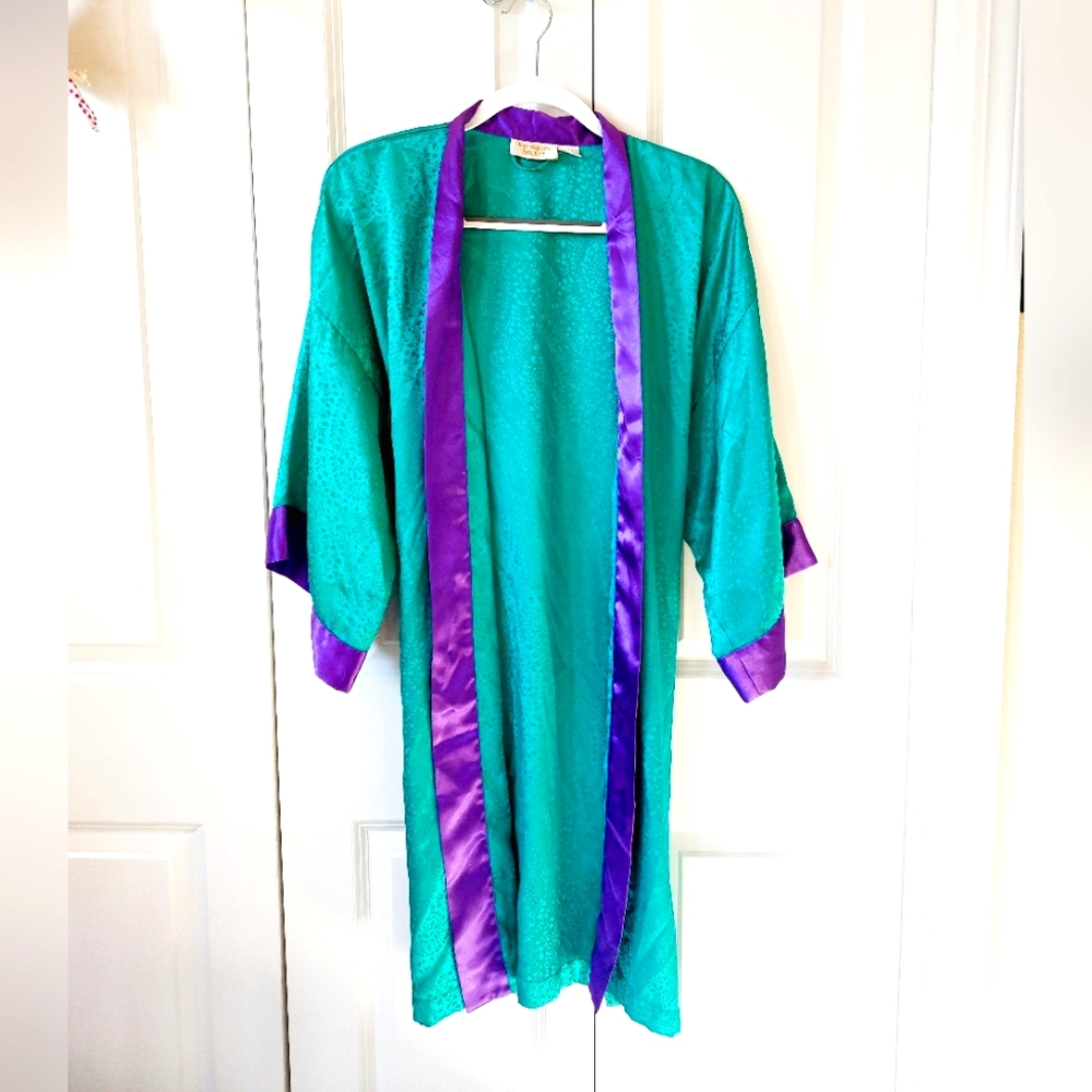 Vintage 80s Teal/Purple Victoria Secret Robe Gold Label Boudoir Outfit‎ One Size